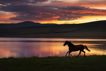 Majestic horse running freely at serene lake during vibrant sunset