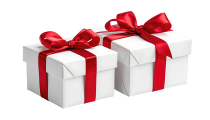 Fototapeta premium Two white gift boxes, adorned with vibrant red satin ribbons, resting against a clean black background