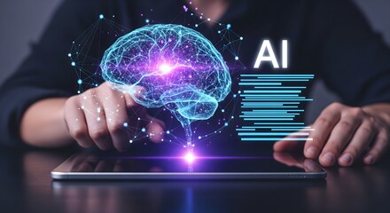 Digital tablet displaying futuristic glowing artificial intelligence brain hologram and neural network data interface