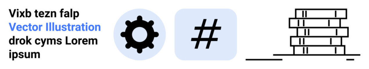 Gear icon for settings, metadata tag symbol for social media, aligned lines illustrating structure. Ideal for technology, analytics, social media, organization, data, engineering simple landing page