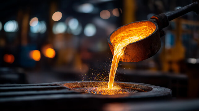 Ladle pouring molten metal at steel plant heavily defocused background ideal for industrial manufacturing foundry steel production metalworking factory concepts