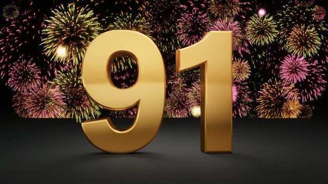 Gold number 91 with fireworks in the background. Festive scene for birthday or anniversary party