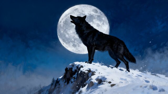 Lone wolf standing on snowy peak beneath glowing moonlight - Powered by Adobe