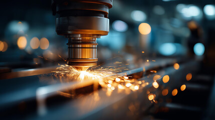Laser cutting precision with sparks flying heavily defocused industrial metal fabrication background advanced manufacturing process visualization high tech metalworking
