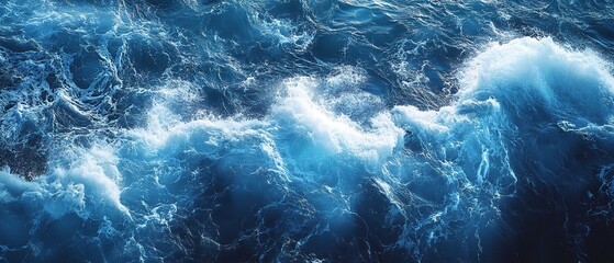 Ocean Waves Crashing, Aerial View of Turbulent Blue Water with White Foam and Swirling Currents