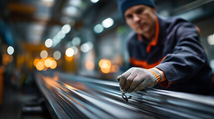 Faceless sheet metal worker shaping aluminum panels heavily defocused fabrication shop background anonymous craftsman featuring precision and engineering panel forming