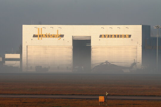 Harrods Aviation hanger at London Stansted Airport , Essex, UK on a misty morning of 13th December 2025