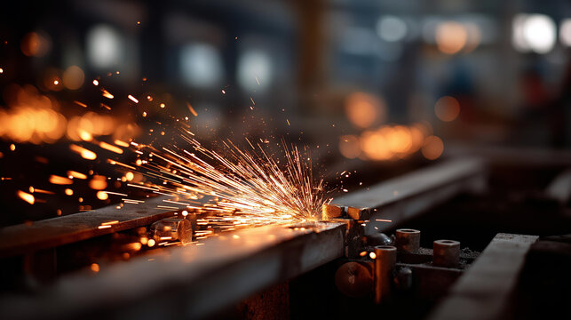 Metalworking factory in action with sparks flying heavily defocused welding process background manufacturing site activity industrial fabrication scene production facility