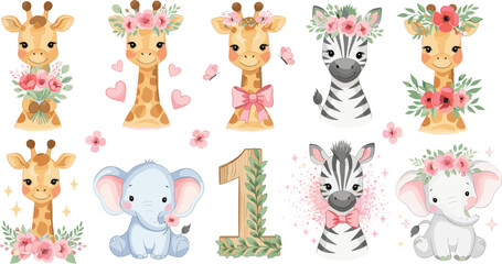 Fototapeta premium Cute Safari Animal Baby Illustration Set with Giraffe Zebra Elephant and Floral Elements in Soft Pastel Flat Vector Style