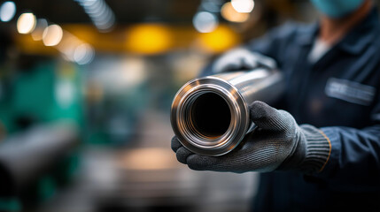 Faceless industrial worker holding polished steel pipe in factory heavily defocused background anonymous technician hands in gloves inspecting metal tube quality manufacturing