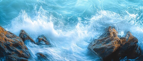 Ocean Waves Crashing Against Rocky Shore, Powerful Blue Water in Motion, Natural Coastal Scene