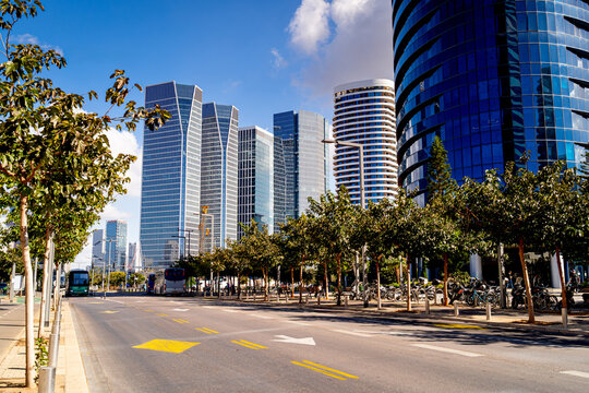 City center, financial district, with glass skyscrapers of the Middle East, Tel Aviv. Life on the streets Israel.