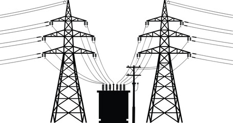 High voltage electricity transmission towers with transformer silhouette industrial power grid infrastructure isolated on white background energy concept