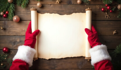 Santa hand holding blank scroll paper on wooden background with Christmas decorations