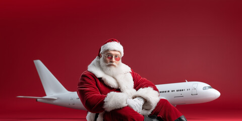 santa claus sitting by airplane on solid background