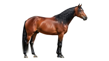 Isolated brown horse standing in side view, showing dark mane and tail on seamless backdrop