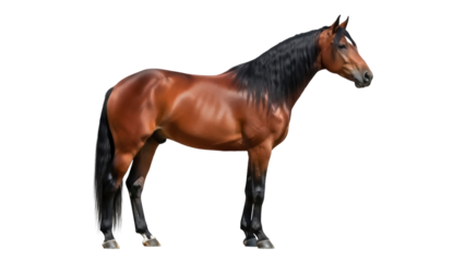 Isolated brown horse standing in side view, showing dark mane and tail on seamless backdrop