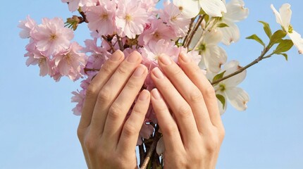 Fototapeta premium Delicate hands gently holding a bouquet of pink cherry blossoms and white flowers against a clear blue sky, symbolizing beauty, nature, and the arrival of spring with vibrant colors and soft textures