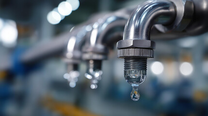 Metal pipes with valves and water droplets heavily defocused background showcase industrial design and functionality in close up view plumbing components display engineering