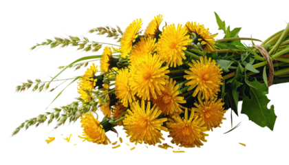 A vibrant bouquet of bright yellow dandelions and wheat grass tied together against a stark black background