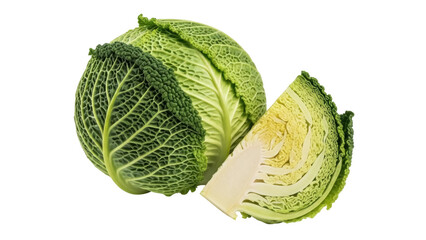 Fototapeta premium Isolated Savoy cabbage halves showing leaf structure, delicious and fresh green heads