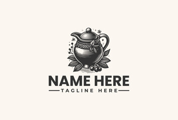 Black and white vector logo illustration of a teapot with floral elements and placeholder text on a clean background.