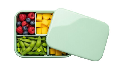 Isolated balanced snack meal of edamame, fresh mango cubes, and raspberries with blueberries