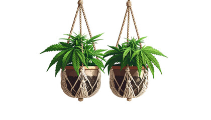 Two hanging terracotta pots with lush green plants, macrame detailing, and a dark background