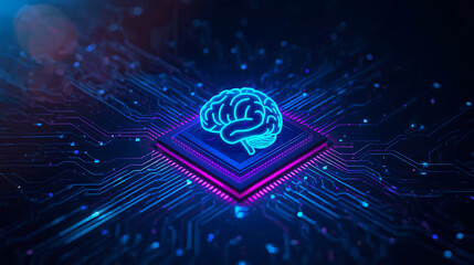 neon blue brain on a microchip on circuit board with pink and purple lines