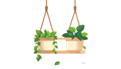 Illustration of two hanging planters with lush green foliage, suspended by rope against a stark black background