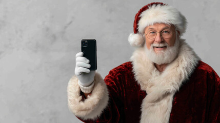 Cheerful elderly man dressed as Santa Claus, holding smartphone and smiling, showcasing holiday spirit and joy, perfect for festive greetings and seasonal marketing