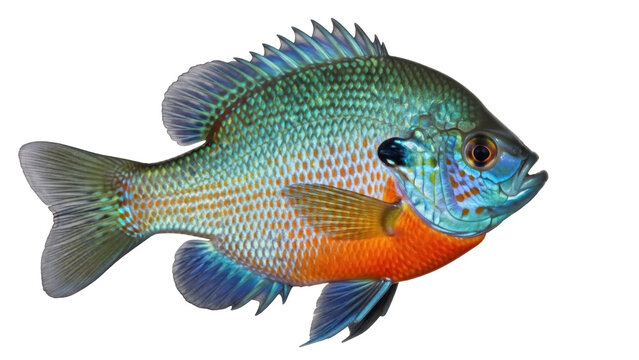 Isolated Bluegill sunfish showing a vibrant orange belly, turquoise face, and a green back