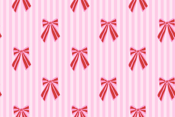 Obraz premium Seamless retro whimsical Valentine bow stripe pattern with vertical stripes. Coquette ribbon texture for weddings, gift wrap, stationery, feminine design, cute romantic packaging. Vector illustration.