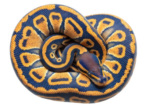 Isolated coiled ball python is a non-venomous constrictor snake pet known for docility