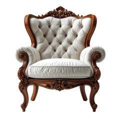 Elegant vintage chair with detailed wood trim and button-tufted upholstery