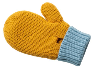 Isolated mitten with flip-top and ribbed cuff, knitted yellow wool accessory for fall and winter