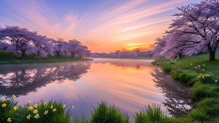 Obraz premium Tranquil lake scene with blooming trees at sunrise
