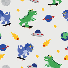 Seamless vector pattern of dinosaurs and aliens skating