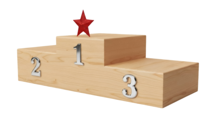 Isolated wooden podium with a shiny red star for the first place, winner stand pedestal