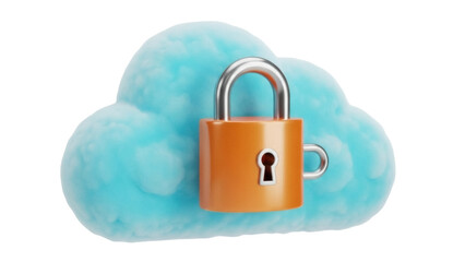 Isolated shiny golden padlock on a fluffy blue cloud, security and data protection theme
