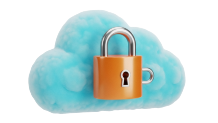 Isolated shiny golden padlock on a fluffy blue cloud, security and data protection theme