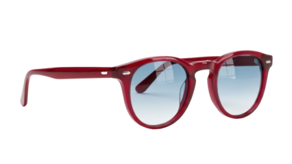 Isolated rounded red sunglasses with blue gradient lenses on a light background image