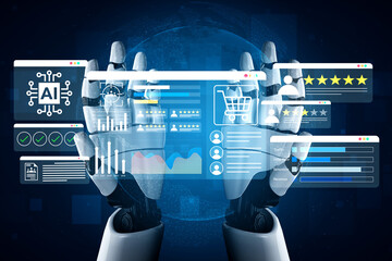 Futuristic robot hands display a range of digital data interfaces, including charts and ratings, highlighting the intersection of technology and commerce in a high-tech space. Gantry