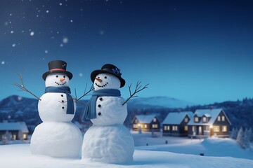 Obraz premium Two snowmen standing together in snowy village at dusk