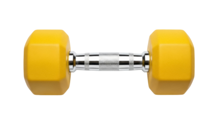 Isolated yellow dumbbell weight for fitness training, power strength, gym workout concept