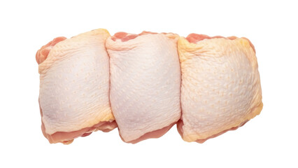 Isolated raw chicken thighs, three pieces, a poultry source of protein for delicious dinners