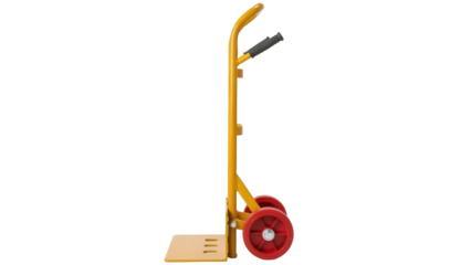 Isolated hand truck with red wheels for warehouse loading and moving boxes or heavy objects