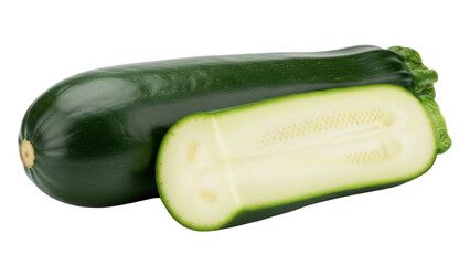 Isolated fresh whole and halved zucchini, green summer squash ready for healthy cooking
