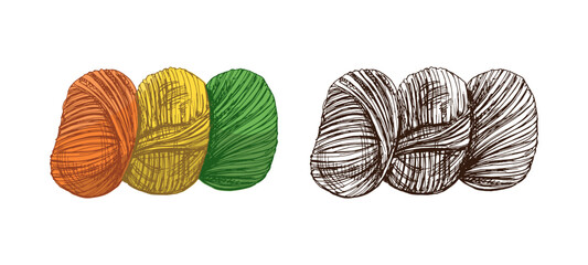 Hand drawn vintage sketch of colorful and monochrome yarn balls for knitting in warm palette, isolated set