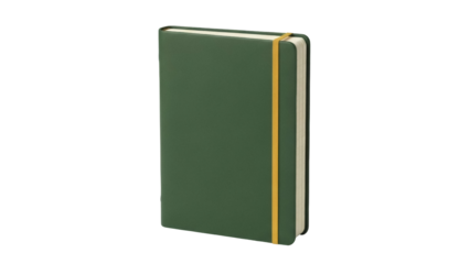 Isolated green notebook with golden elastic band on cover, a journal for creative thoughts